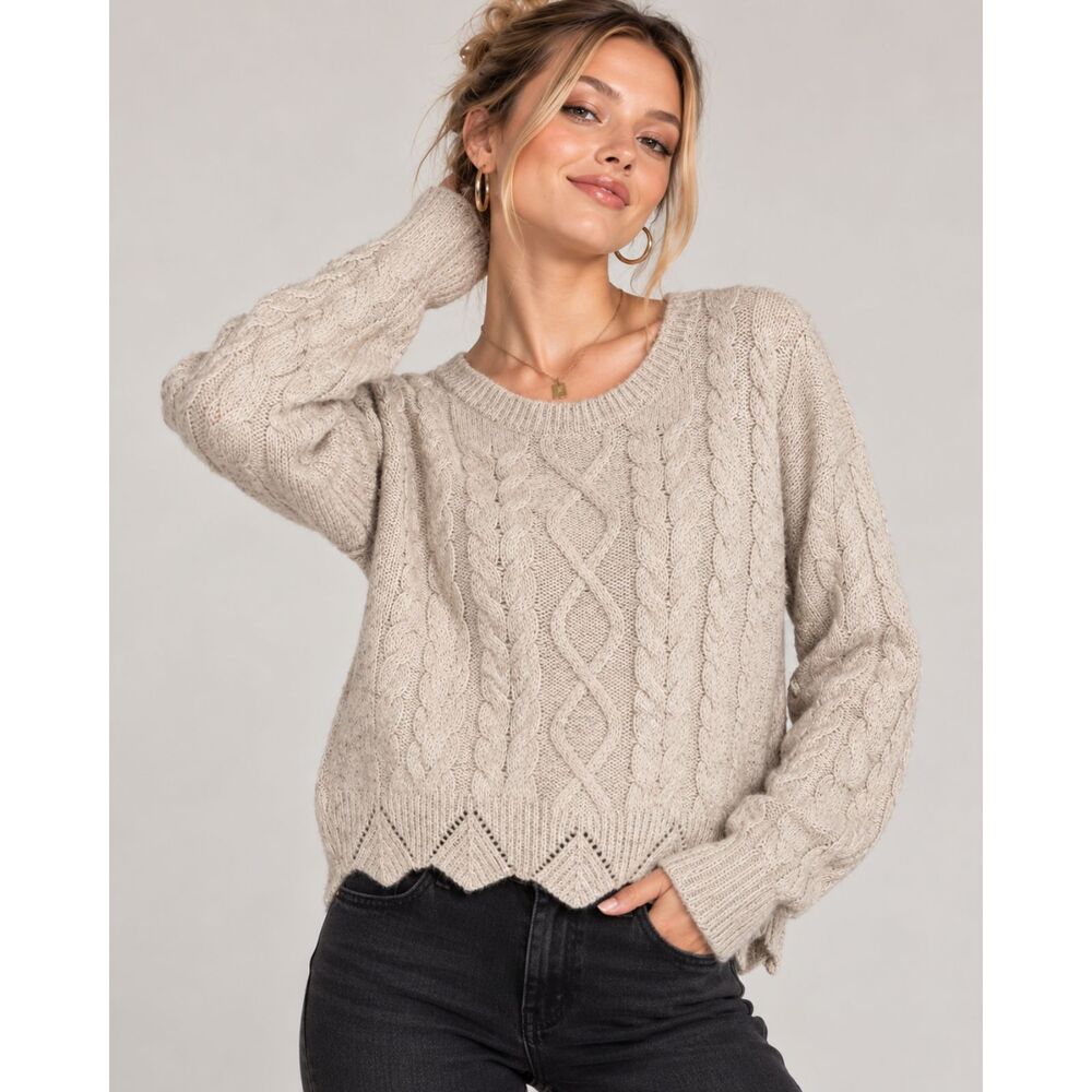 Lucky Brand Womens Cream Cable Knit Sweater M Long Sleeve Cozy Pointelle NWT